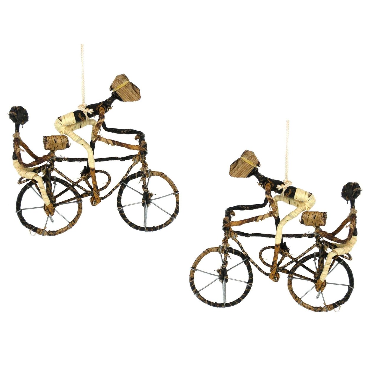 Brown Banana Fiber Bicycle Ornament Set with Two People Figures and Long Rope for Hanging